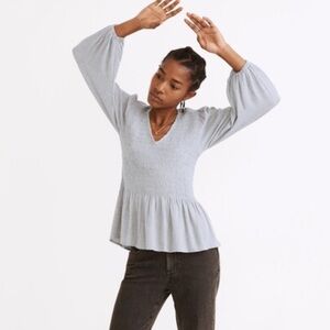 Madewell Lucie V-Neck Gray Smocked Peplum Top in Wool Gauze